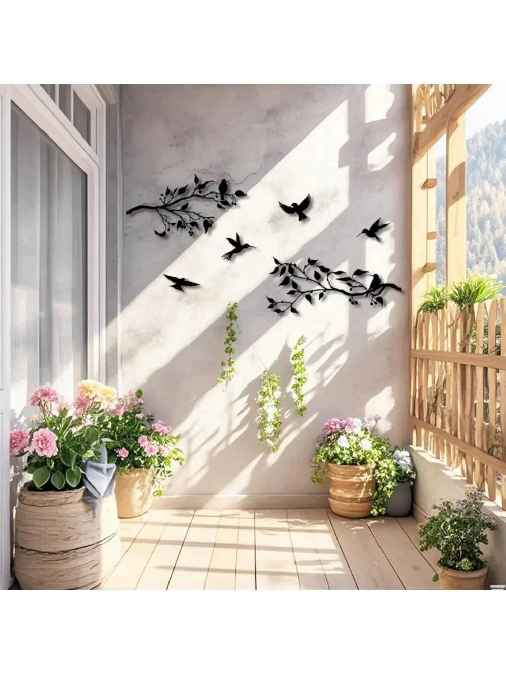 4PCS Large Metal Wall Art Decor - Birds on Branches, Black Leaves, Hummingbirds